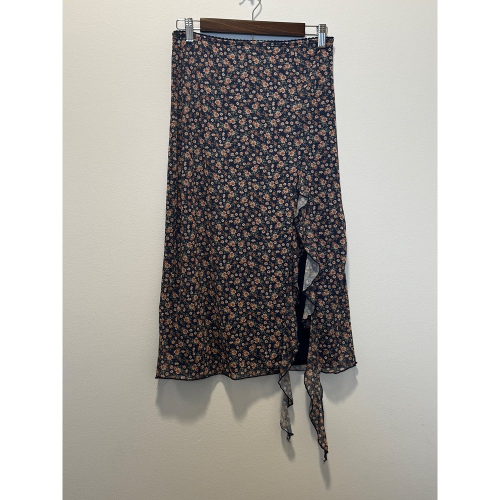 Originality Navy Blue Ditsy Floral Ruffle Slit Midi Skirt Womens Medium USA Made